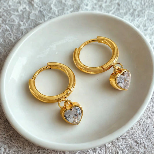 Gold Heart Charm Zircon Earrings
