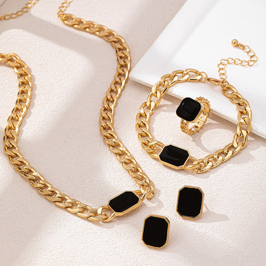 Cuban Link Curb Chain Earrings Bracelet Ring Set