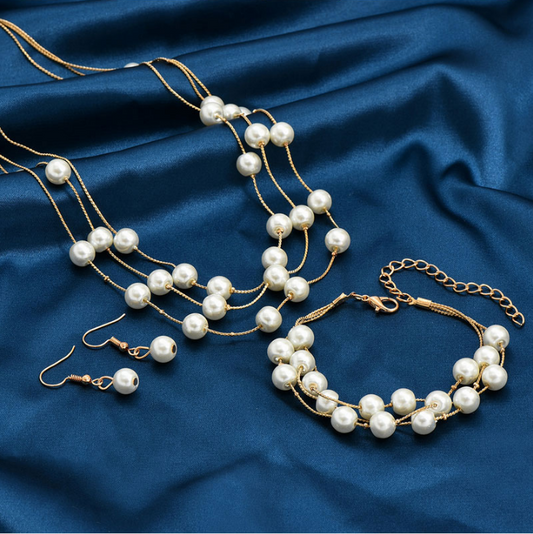Elegant Pearl Necklace Earrings Bracelet Set