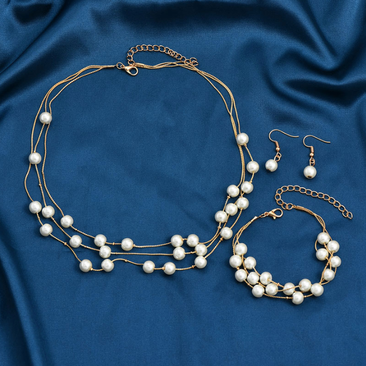 Elegant Pearl Necklace Earrings Bracelet Set