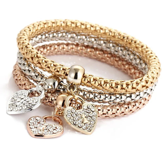 Rhinestone Heart Charm Layered Bracelet Set