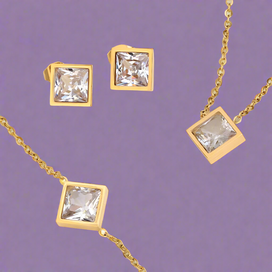 Geometric Square Zircon  Necklace Bracelet and earring Set