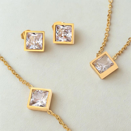 Geometric Square Zircon  Necklace Bracelet and earring Set