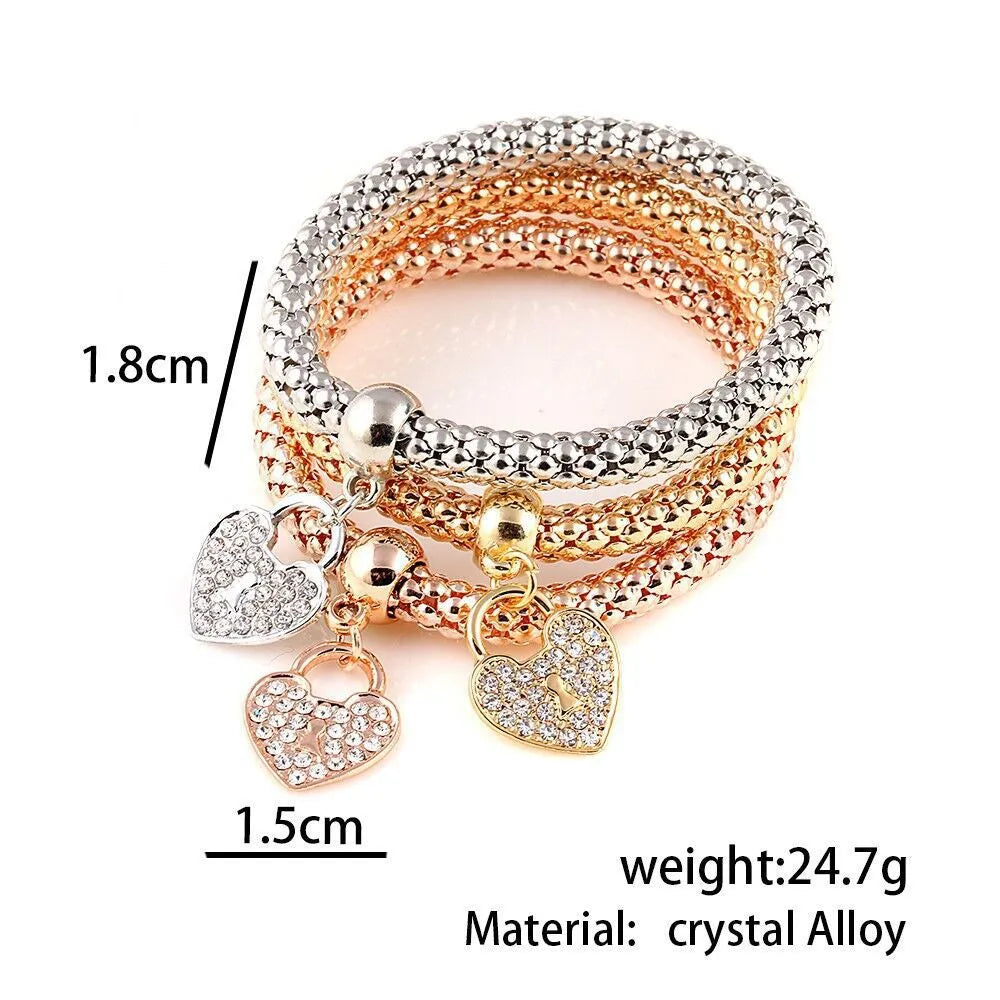 Rhinestone Heart Charm Layered Bracelet Set
