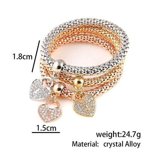 Rhinestone Heart Charm Layered Bracelet Set