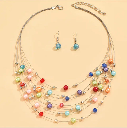 Faux Glass Pearl Earrings Necklace Set