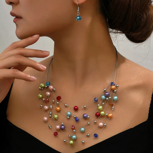 Faux Glass Pearl Earrings Necklace Set