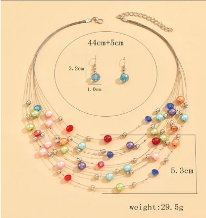 Faux Glass Pearl Earrings Necklace Set