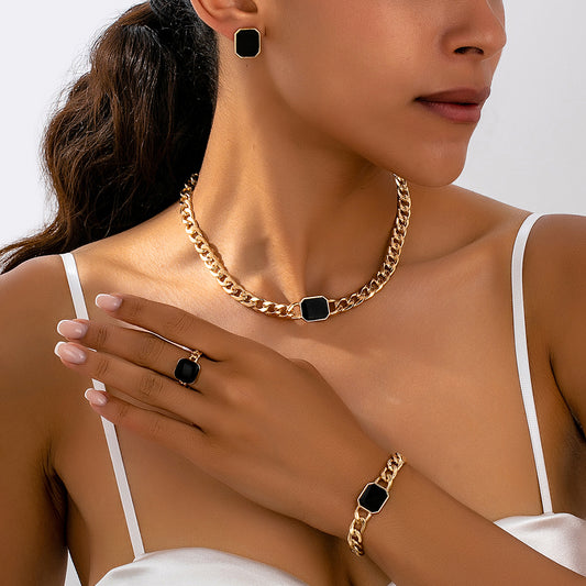 Cuban Link Curb Chain Earrings Bracelet Ring Set
