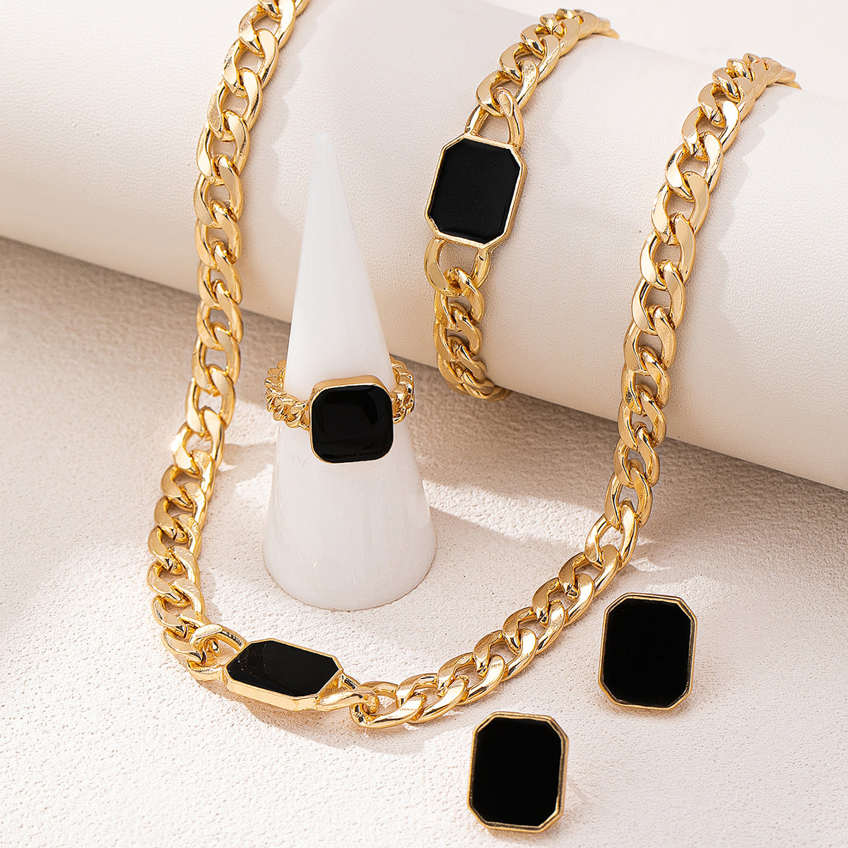 Cuban Link Curb Chain Earrings Bracelet Ring Set