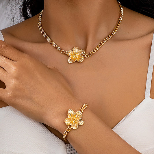 Cuban Link Flower Necklace Bracelet Set