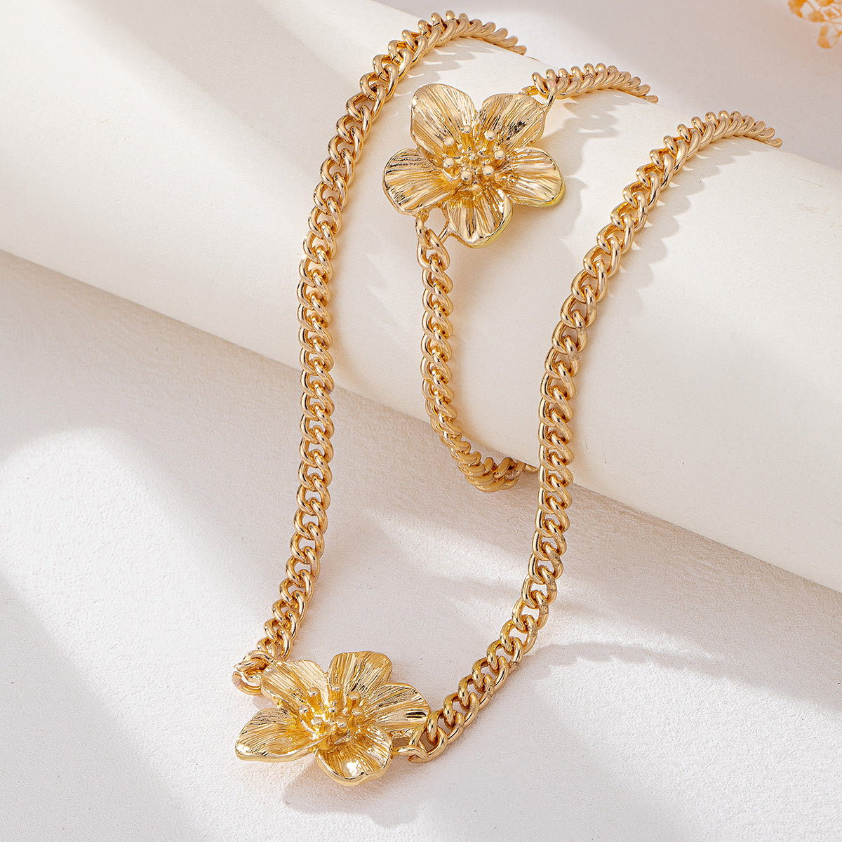 Cuban Link Flower Necklace Bracelet Set