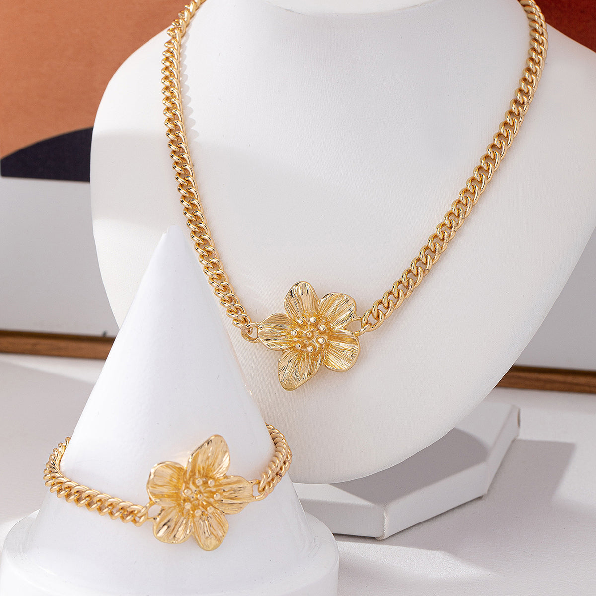 Cuban Link Flower Necklace Bracelet Set