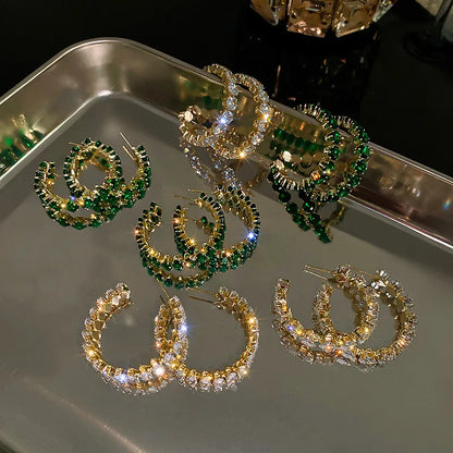 Round Inlay Copper Zircon Green Hoop Earring