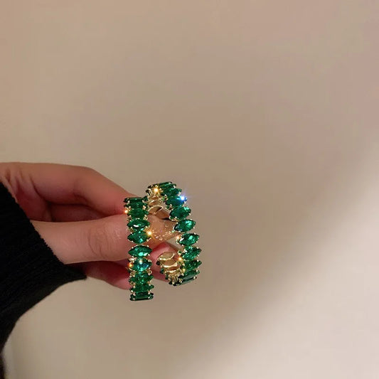 Oval Inlay Copper Zircon Green Hoop Earring