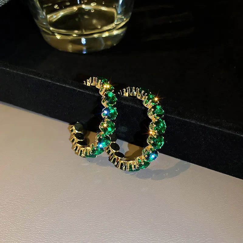 Round Inlay Copper Zircon Green Hoop Earring