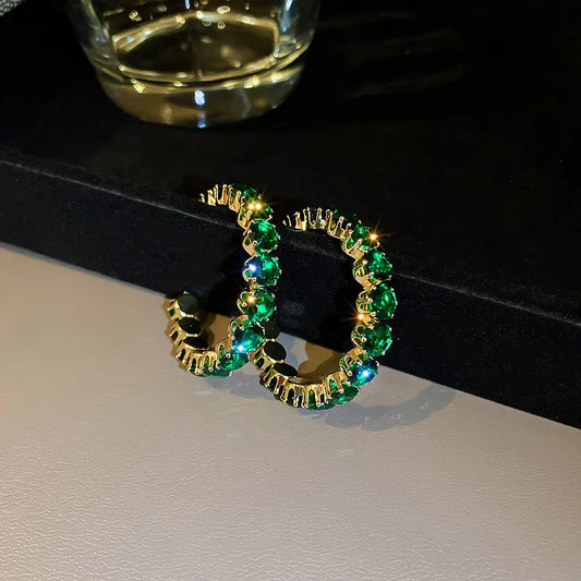 Round Inlay Copper Zircon Green Hoop Earring