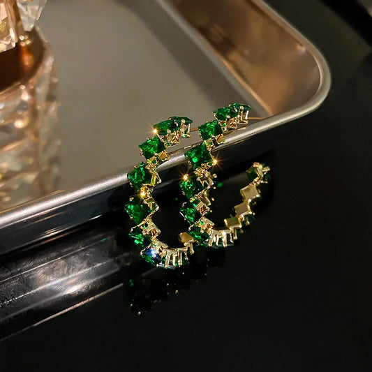 Square Rhombus Inlay Copper Zircon Green Hoop Earring
