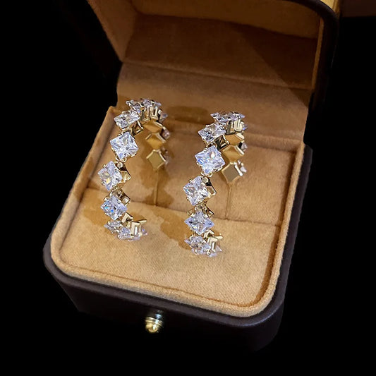 Square Rhombus Inlay Copper Zircon White Hoop Earrings