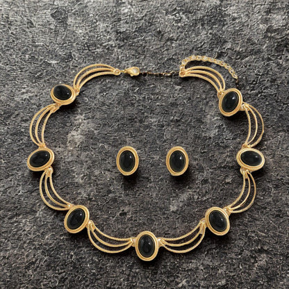 Regal Black Stone Vintage Statement Necklace Set