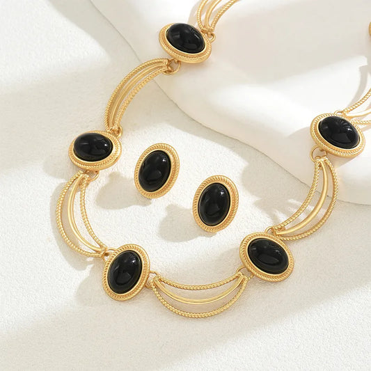 Regal Black Stone Vintage Statement Necklace Set