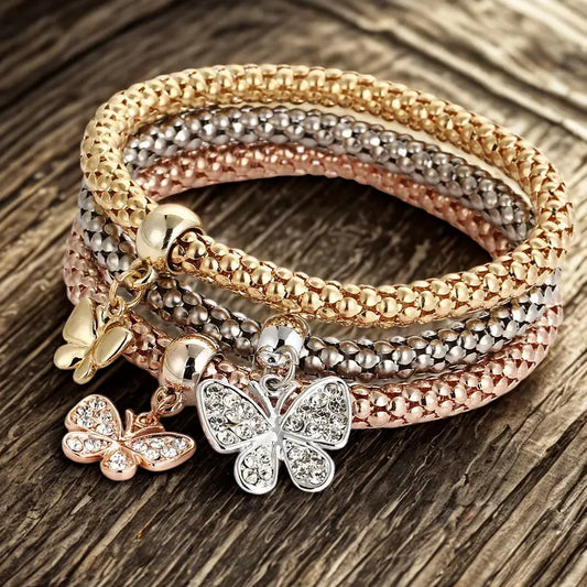 Rhinestone Butterfly Charm Layered Bracelet Set