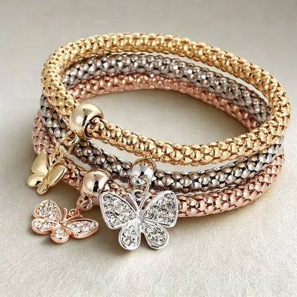 Rhinestone Butterfly Charm Layered Bracelet Set