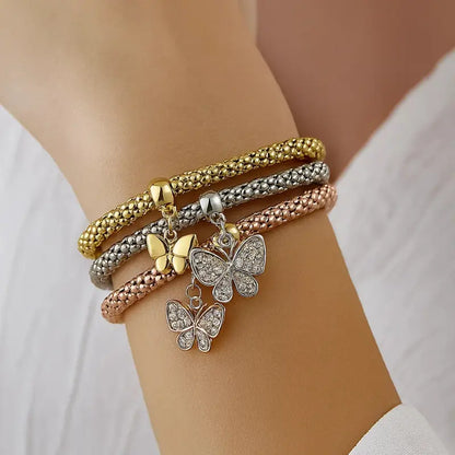 Rhinestone Butterfly Charm Layered Bracelet Set