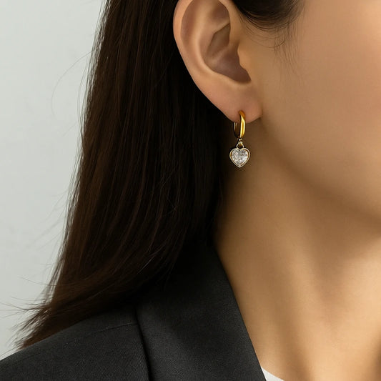 Gold Heart Charm Zircon Earrings